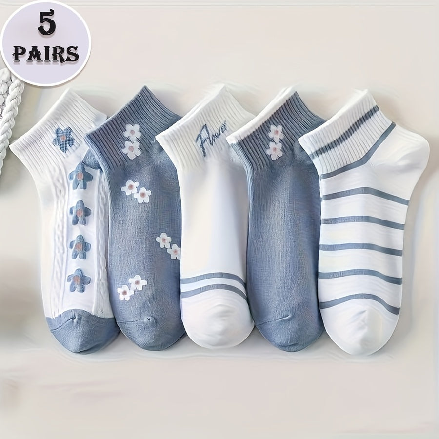 1\u002F5 Pairs Women'S Blue And White Floral Socks, Gentle Relaxed Style, Soft And Skin-Friendly, Office Commute\u002FCasual Style