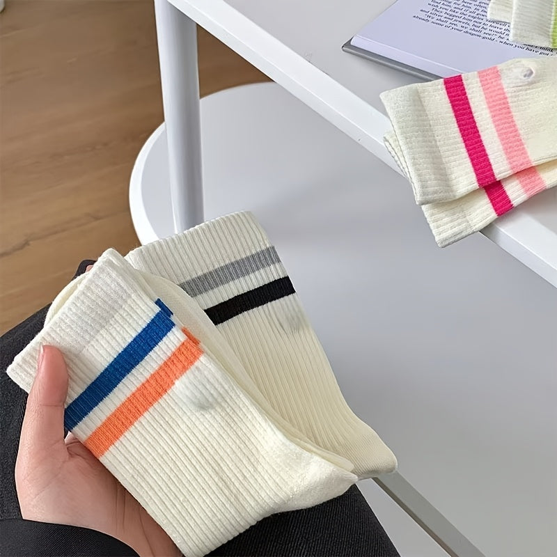 4-Pair Women's Mid-Calf Slouch Socks - Striped & Joyful Face Suitable for, Casual Wear, Everyday Use | Machine Washable Slouchy Socks with Neutral Tones, Versatile for Sneakers,,