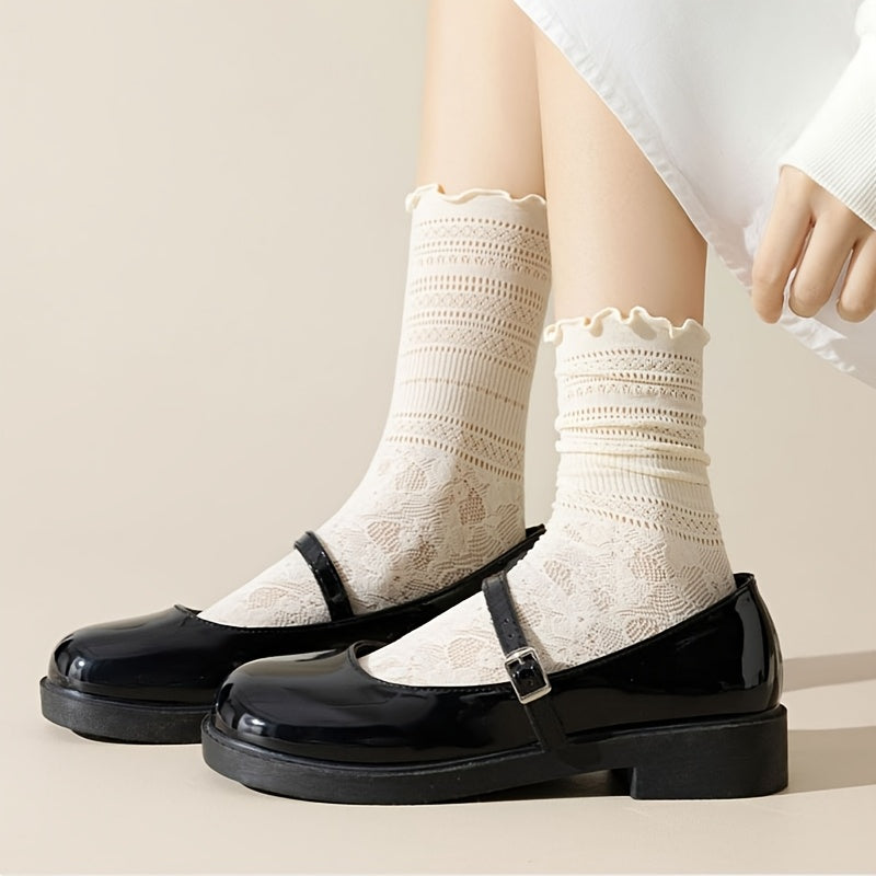 3 Pairs of Wood Ear Edge Summer Thin Slouch Socks, Lace Black And White Socks, Women'S Lace Mid-Tube Socks Breathable Sweet Hollow Women'S Socks