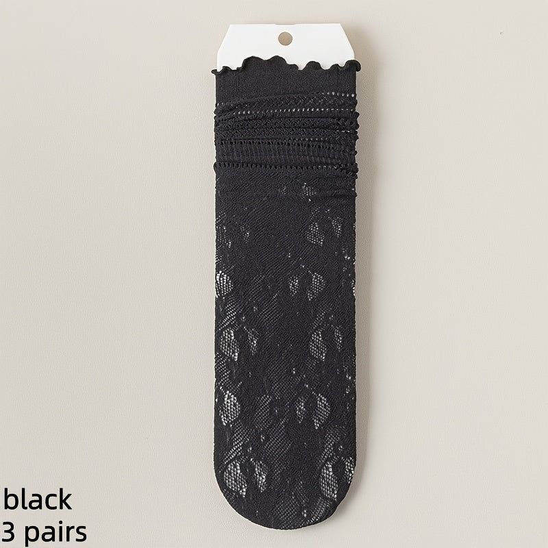 3 Pairs of Wood Ear Edge Summer Thin Slouch Socks, Lace Black And White Socks, Women'S Lace Mid-Tube Socks Breathable Sweet Hollow Women'S Socks