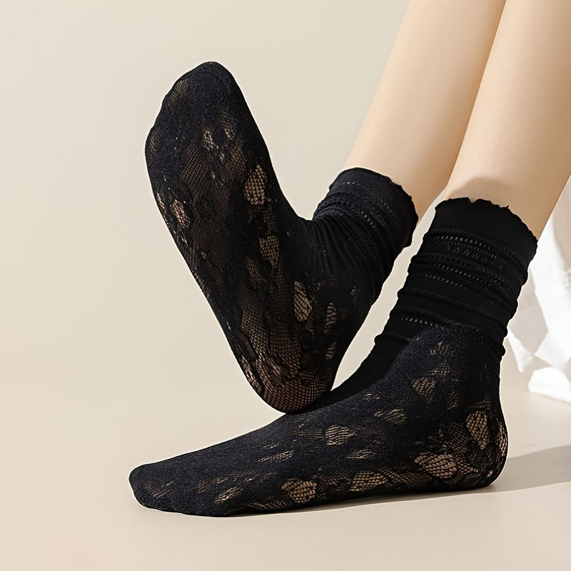3 Pairs of Wood Ear Edge Summer Thin Slouch Socks, Lace Black And White Socks, Women'S Lace Mid-Tube Socks Breathable Sweet Hollow Women'S Socks