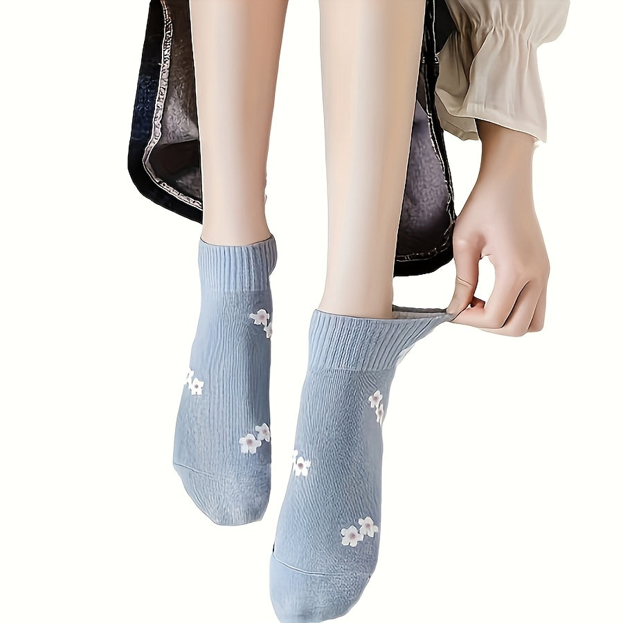 1\u002F5 Pairs Women'S Blue And White Floral Socks, Gentle Relaxed Style, Soft And Skin-Friendly, Office Commute\u002FCasual Style