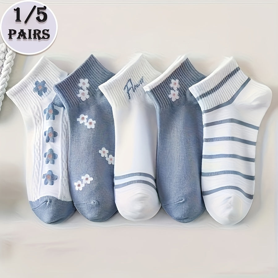1\u002F5 Pairs Women'S Blue And White Floral Socks, Gentle Relaxed Style, Soft And Skin-Friendly, Office Commute\u002FCasual Style