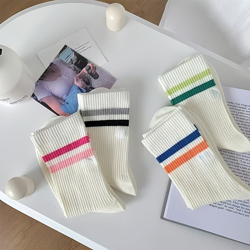 4-Pair Women's Mid-Calf Slouch Socks - Striped & Joyful Face Suitable for, Casual Wear, Everyday Use | Machine Washable Slouchy Socks with Neutral Tones, Versatile for Sneakers,,