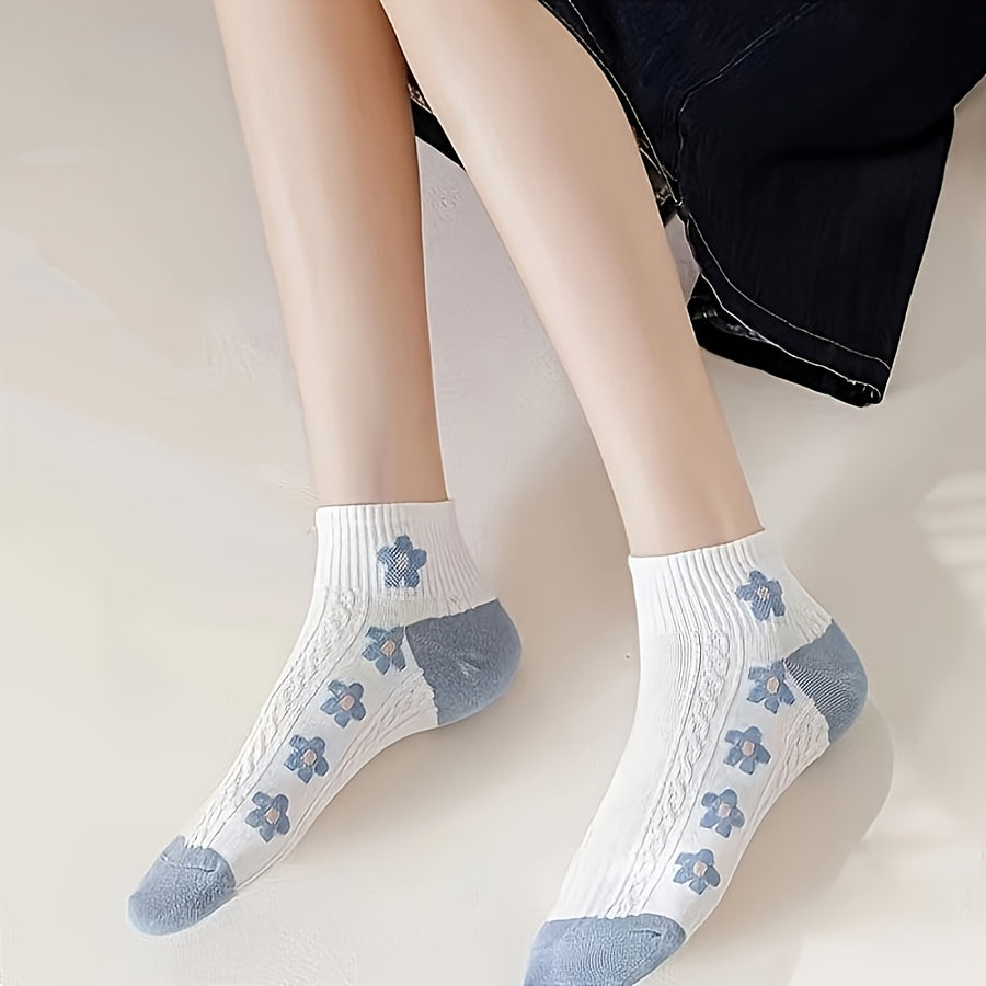 1\u002F5 Pairs Women'S Blue And White Floral Socks, Gentle Relaxed Style, Soft And Skin-Friendly, Office Commute\u002FCasual Style