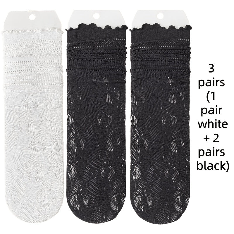 3 Pairs of Wood Ear Edge Summer Thin Slouch Socks, Lace Black And White Socks, Women'S Lace Mid-Tube Socks Breathable Sweet Hollow Women'S Socks