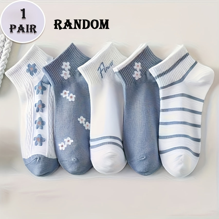 1\u002F5 Pairs Women'S Blue And White Floral Socks, Gentle Relaxed Style, Soft And Skin-Friendly, Office Commute\u002FCasual Style