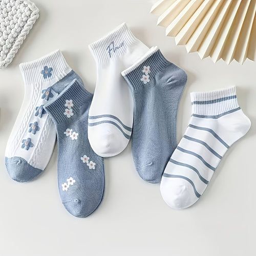 1\u002F5 Pairs Women'S Blue And White Floral Socks, Gentle Relaxed Style, Soft And Skin-Friendly, Office Commute\u002FCasual Style