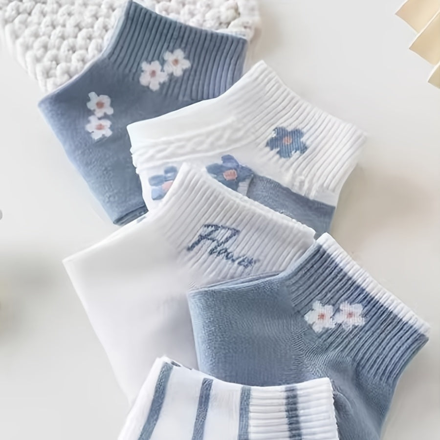 1\u002F5 Pairs Women'S Blue And White Floral Socks, Gentle Relaxed Style, Soft And Skin-Friendly, Office Commute\u002FCasual Style