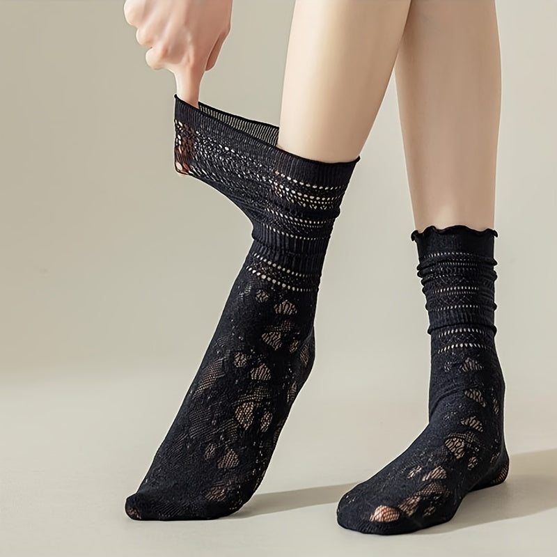 3 Pairs of Wood Ear Edge Summer Thin Slouch Socks, Lace Black And White Socks, Women'S Lace Mid-Tube Socks Breathable Sweet Hollow Women'S Socks