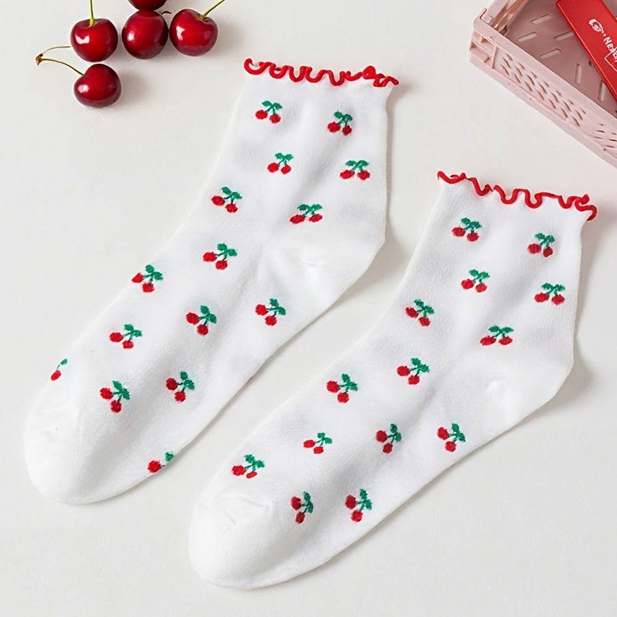 2 Pairs of Women'S Mid-Tube Socks, Cute And Sweet Style, Cherry Wood Fungus Edge, Skin-Friendly, Versatile, Suitable for Women'S Gifts, Daily Commuting, And Home Scenes