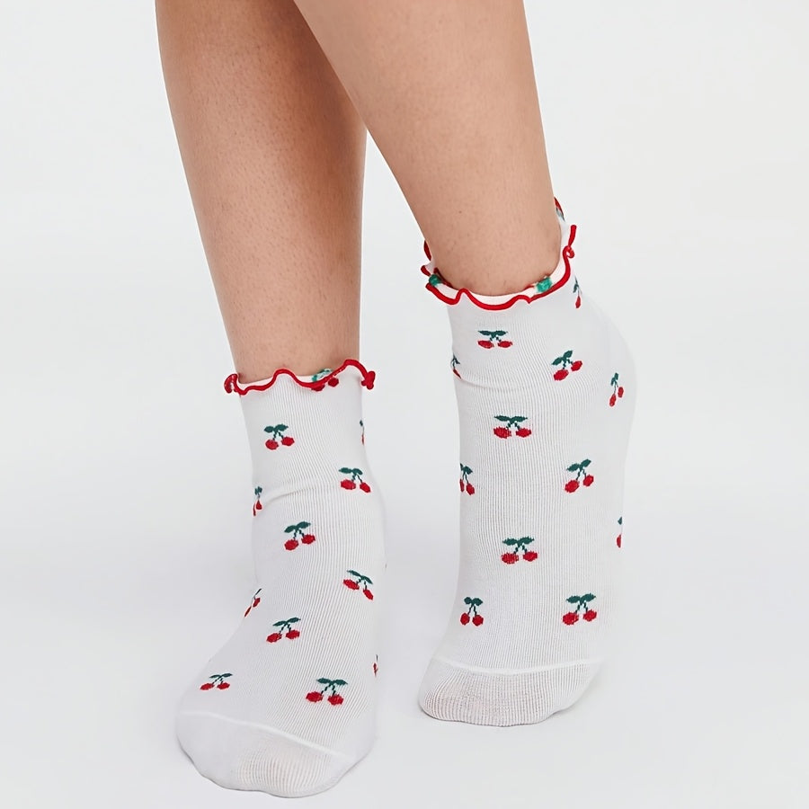 2 Pairs of Women'S Mid-Tube Socks, Cute And Sweet Style, Cherry Wood Fungus Edge, Skin-Friendly, Versatile, Suitable for Women'S Gifts, Daily Commuting, And Home Scenes