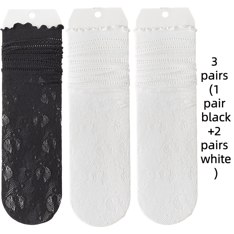 3 Pairs of Wood Ear Edge Summer Thin Slouch Socks, Lace Black And White Socks, Women'S Lace Mid-Tube Socks Breathable Sweet Hollow Women'S Socks