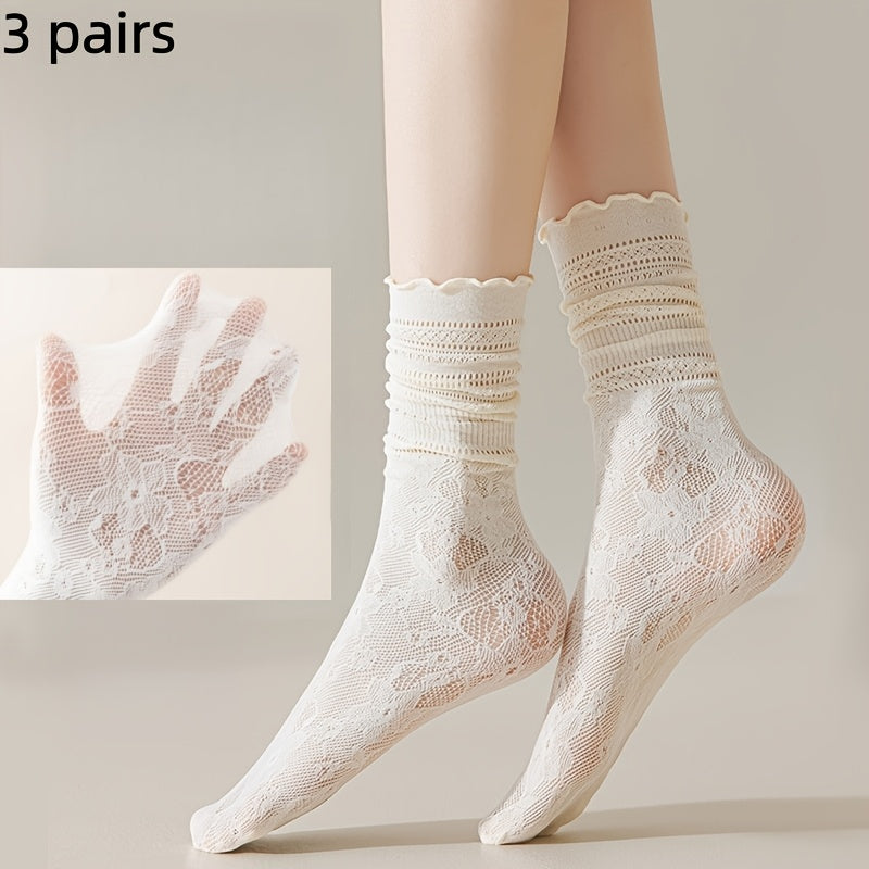 3 Pairs of Wood Ear Edge Summer Thin Slouch Socks, Lace Black And White Socks, Women'S Lace Mid-Tube Socks Breathable Sweet Hollow Women'S Socks
