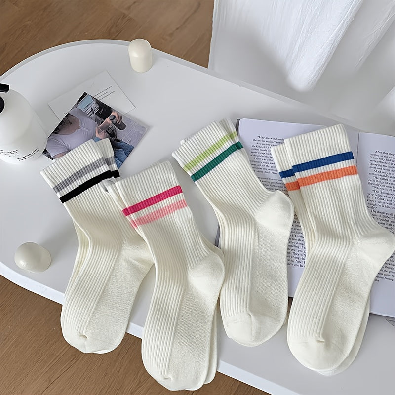 4-Pair Women's Mid-Calf Slouch Socks - Striped & Joyful Face Suitable for, Casual Wear, Everyday Use | Machine Washable Slouchy Socks with Neutral Tones, Versatile for Sneakers,,