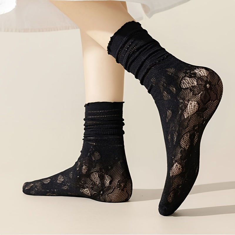3 Pairs of Wood Ear Edge Summer Thin Slouch Socks, Lace Black And White Socks, Women'S Lace Mid-Tube Socks Breathable Sweet Hollow Women'S Socks