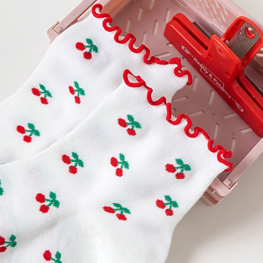 2 Pairs of Women'S Mid-Tube Socks, Cute And Sweet Style, Cherry Wood Fungus Edge, Skin-Friendly, Versatile, Suitable for Women'S Gifts, Daily Commuting, And Home Scenes